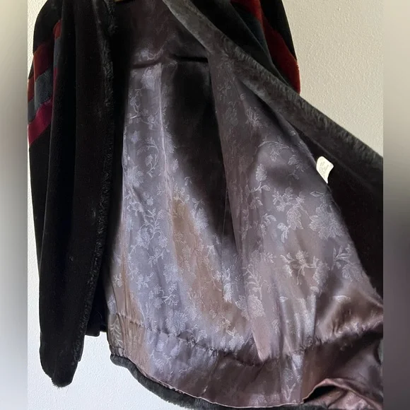 Vintage 80s Black Faux Fur Teddy Coat Colorblock Stripe Size Medium - Picture 8 of 12